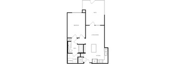 A black and white image of a house plan with a bedroom, living room, kitchen, and bathroom.