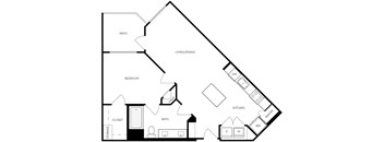 A black and white floor plan of a house with a living room, dining room, kitchen, bathroom, bedroom, and closet.