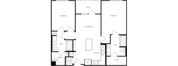 A black and white image of a house floor plan with two bedrooms, a living/dining area, a kitchen, a bath, a pantry, a closet, and storage.