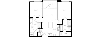 A black and white image of a house floor plan with two bedrooms, a living/dining area, a kitchen, a bath, a closet, and storage.