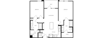 A black and white image of a house floor plan with two bedrooms, a living/dining area, a kitchen, a bath, a pantry, a closet, and storage.