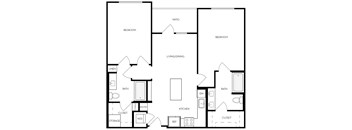 A black and white image of a house floor plan with two bedrooms, a living/dining area, a kitchen, a bath, a pantry, a closet, a storage area, and a W/D.