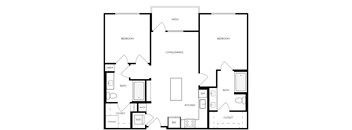 A black and white image of a house floor plan with two bedrooms, a living/dining area, a kitchen, a bath, a pantry, a closet, and storage.