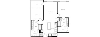 A black and white image of a house floor plan with a patio, two bedrooms, a living/dining area, a bath, a kitchen, a pantry, a closet, and a storage closet.