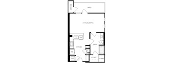 A black and white drawing of a house plan with a living room, kitchen, bathroom, and closet.