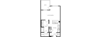 A floor plan of a home with a living/sleeping area, kitchen, bathroom, and storage.