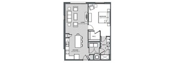 A floor plan of a small apartment with a living room, kitchen, bedroom, and bathroom.