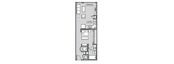 A floor plan of a small apartment with a living room, kitchen, and bedroom.