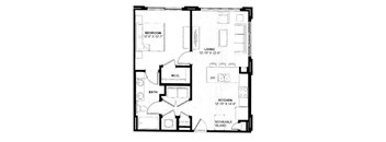 A black and white image of a floor plan for a small apartment.