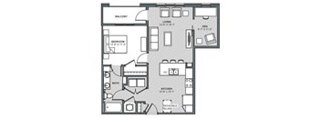 A black and white image of a floor plan for a home with a balcony, bedroom, bathroom, living room, den, and kitchen.