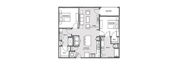 A floor plan of a house with two bedrooms, two bathrooms, a living room, a kitchen, and a balcony.