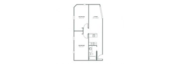 A floor plan of a small apartment with two bedrooms and a living room.