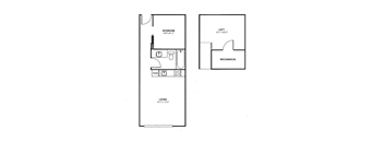A floor plan of a small apartment with a bedroom, living room, and mechanical area.