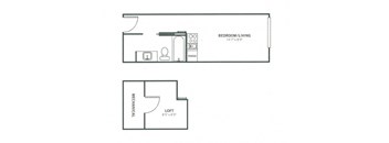 A floor plan of a bedroom/living area and a loft.