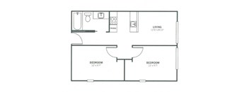 A black and white image of a floor plan for a living space.