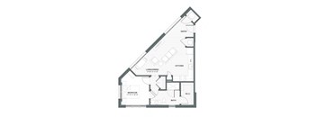 A floor plan of a house with a living/dining area, kitchen, bedroom, and bathroom.