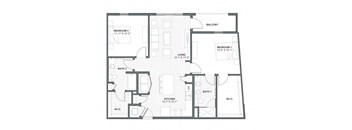 A floor plan of a house with two bedrooms, two bathrooms, a kitchen, and a balcony.