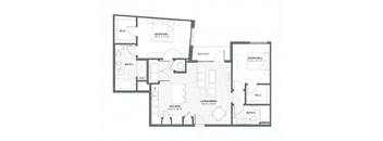 A floor plan of a house with two bedrooms, a balcony, a living/dining area, a kitchen, and two bathrooms.