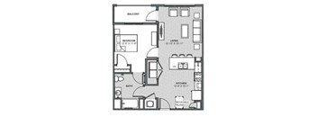 A floor plan of a house with a balcony, bedroom, living room, kitchen, bath, and moveable island.