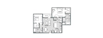 A black and white image of a house floor plan with two bedrooms, a balcony, a living room, a kitchen, and two bathrooms.