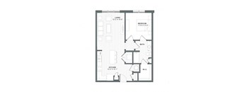 A floor plan of a small apartment with a living room, bedroom, bathroom, kitchen, and a workspace.