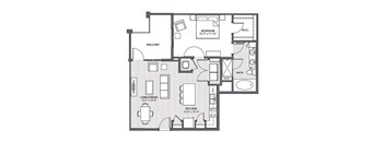 A black and white image of a floor plan for a home with a bedroom, balcony, living/dining area, kitchen, and bathroom.
