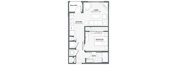 A floor plan of a small apartment with a living room, kitchen, bedroom, bathroom, and balcony.