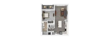 A floor plan of a small apartment with a kitchen, living room, and bathroom.