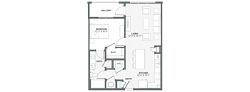 A floor plan of a living space with a bedroom, bathroom, kitchen, and balcony.