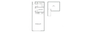A floor plan of a bedroom with living room and mechanical area.