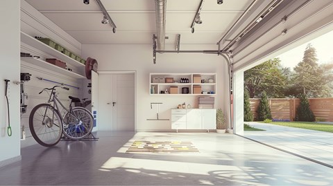 A bike is parked in a garage.