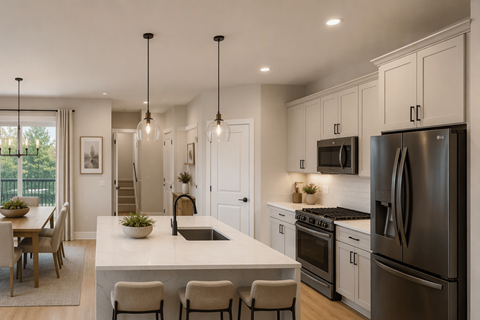 A modern kitchen with a large island and stainless steel appliances.