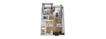 A 3D floor plan of a small apartment with a kitchen, living room, and bedroom.