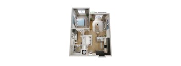 A 3D layout of a small apartment with a kitchen, living room, and bathroom.