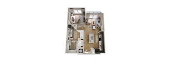 A cutaway diagram of a small apartment showing the layout of the rooms.