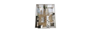 A top-down view of a small apartment with a kitchen, living room, and bathroom.