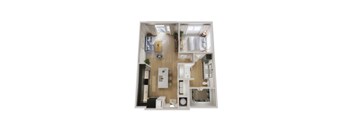 A floor plan of a small apartment with a kitchen, living room, and bathroom.