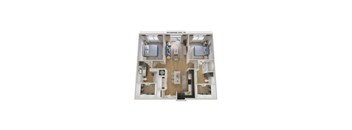 A top-down view of a small, neatly organized apartment with a kitchen, living room, and bedroom.