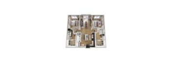 A dollhouse with a kitchen, living room, and bedrooms.