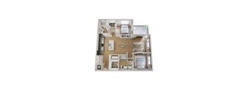 A dollhouse with a kitchen, living room, and bedroom.