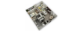 A 3D floor plan of a house with a kitchen, living room, and two bedrooms.