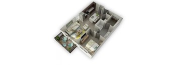 A 3D image of a dollhouse with a kitchen, living room, and bathroom.
