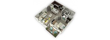 A 3D floor plan of a house with a living room, kitchen, and two bedrooms.