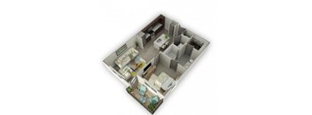 A 3D floor plan of a house with a kitchen, living room, and bathroom.