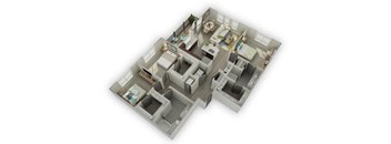 A 3D floor plan of a house with multiple rooms.