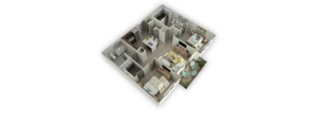 A 3D floor plan of a house with a kitchen, living room, and two bedrooms.