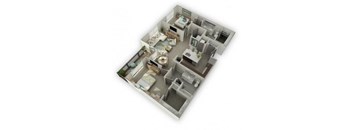 A 3D floor plan of a house with a kitchen, living room, and bathroom.
