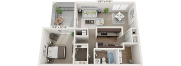 A floor plan of a small apartment with a kitchen, living room, and bathroom.