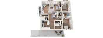 A 3D floor plan of a house with a living room, kitchen, and two bedrooms.