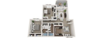A floor plan of a small apartment with a kitchen, living room, and bathroom.